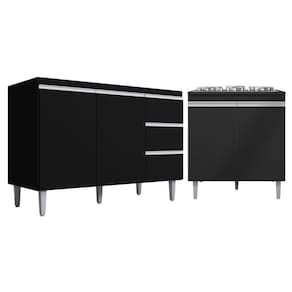 Kit Balcão Gabinete Para Pia Andreia 120cm C- Balcão Cooktop 4 Ou 5 Bocas Preto