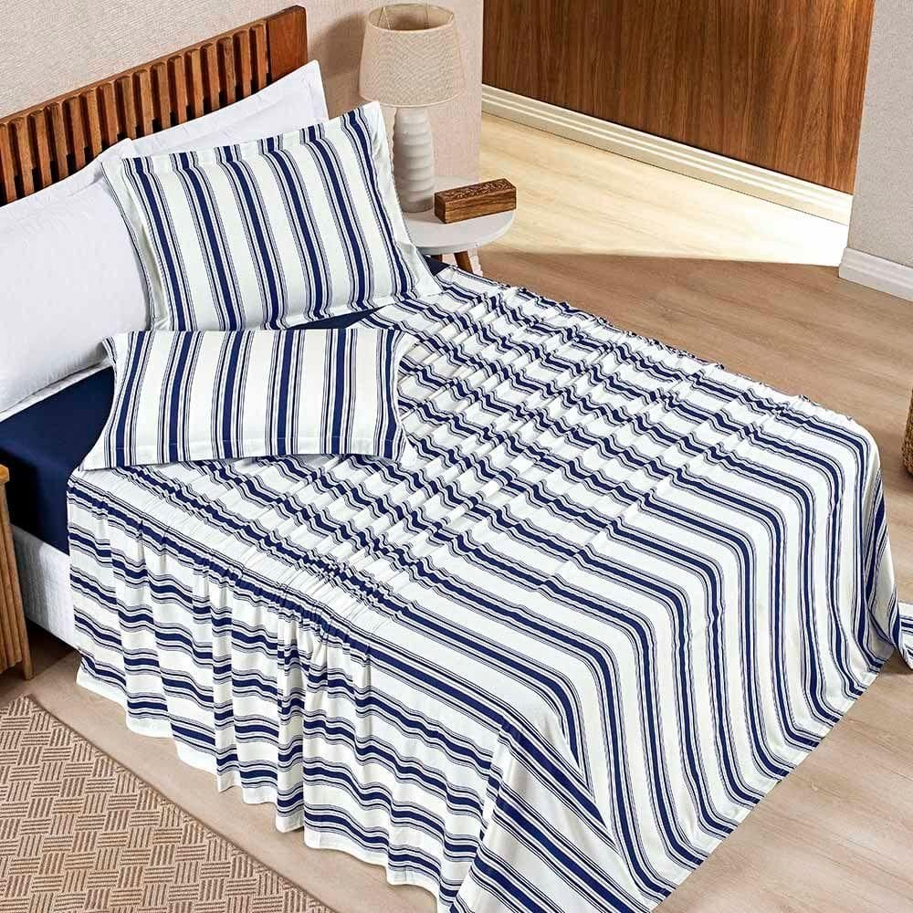 Jogo Cama Lençol Estilo Queen 100% Algodão 4 Peças - Marinho