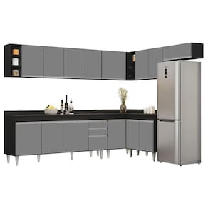 Armário De Cozinha Modulado De Canto 8 Peças Cp26 Balcão Com Tampo Preto-cinza - Lumil