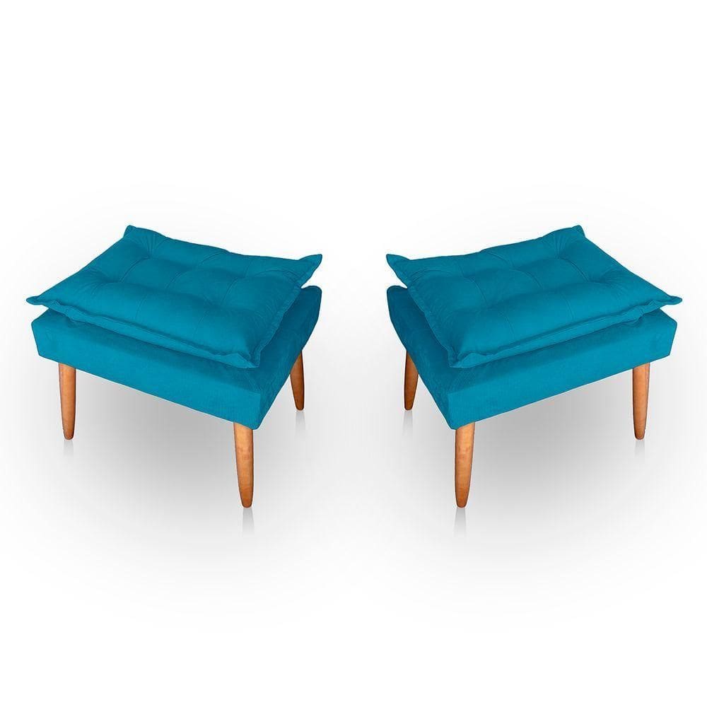 Kit 02 Puff Para Sala E Quarto Madeira Decorativo Opala Suede Cor Azul Turquesa