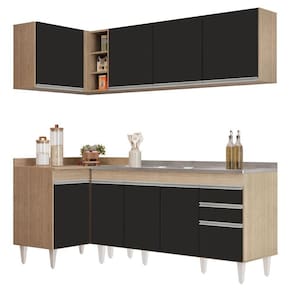 Armário De Cozinha Modulado De Canto Direito 4 Peças Cp42 Com Pia Inox Castanho-preto - Lumil