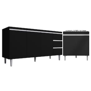 Kit Balcão Gabinete Para Pia Andreia 150cm C- Balcão Cooktop 4 Ou 5 Bocas Preto