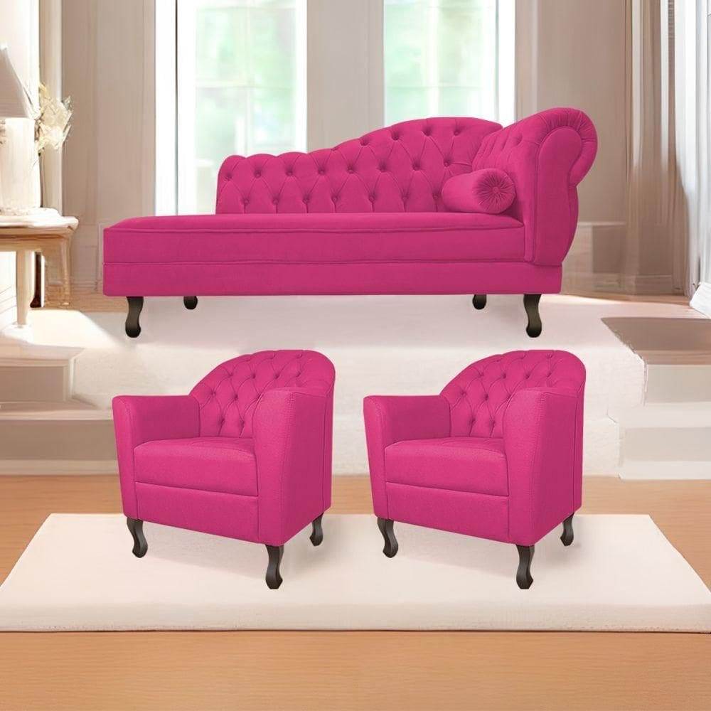 Kit Diva Recamier Diana 130Cm Lado Esquerdo E 02 Poltronas Julia Suede - Doce Sonho Móveis Pink