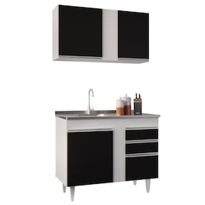 Armário Aéreo Indiana E Balcão Gabinete 100cm Com Pia Inox Luziania Branco/preto - Lumil