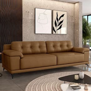 Sofá Living 3 Lugares 212cm Agostino Pés Design Em Ferro Couro Caramelo G52 - Gran Belo