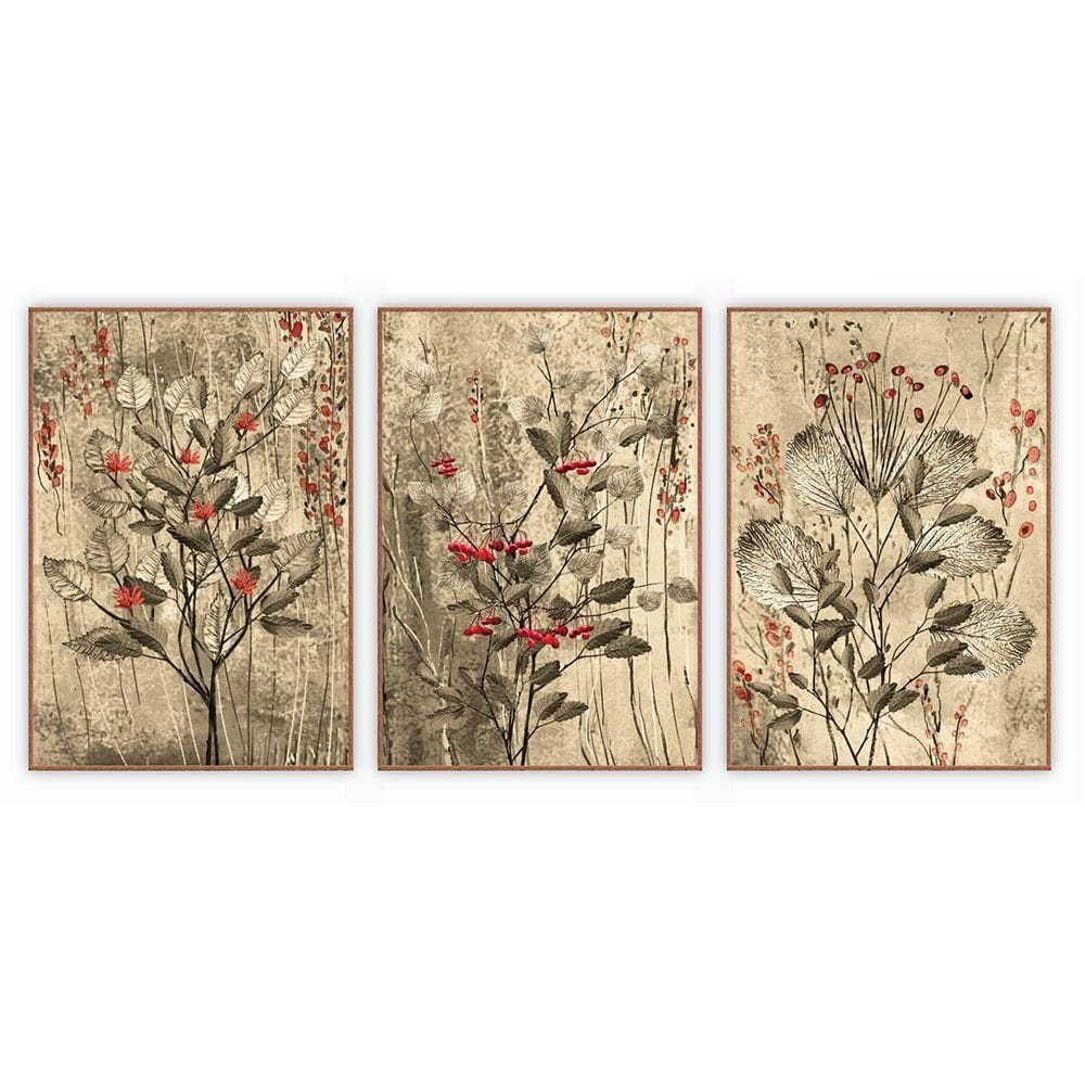 Kit Com 3 Quadros Decorativos Florais Com Moldura Para Sala Quarto Escritório 52x72 Floral 010