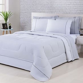 Kit Edredom 100% Algodão Percal 150 Fios Dupla Face Solteiro Jogo De Cama 5 Peças - Cinza-branco