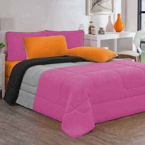 Kit Edredom Malha 100% Algodão Urbano 2 Peças Solteiro - Pink-mescla-preto