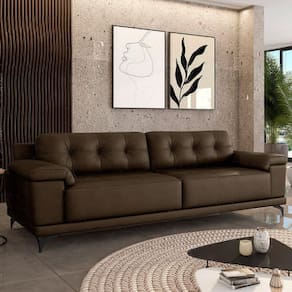 Sofá Living 3 Lugares 212cm Agostino Pés Design Em Ferro Couro Capuccino G52 - Gran Belo