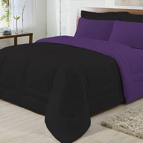 Edredom Dupla Face 100% Algodão Malha Casal Gran Moratta 01 Peça - Preto- Roxo