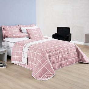 Kit Cobre Leito Minimalista Quadriculado Padrão 03 Peças Tecido Micropercal 200 Fios - Rosa