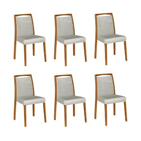 Kit 6 Cadeiras De Jantar Luxo Estofadas Jade Linho Cinza Base Madeira Maciça Mel