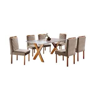 Conjunto Sala De Jantar 6 Lugares Espanha Mesa E Cadeiras Mel/off-white/linho Areia