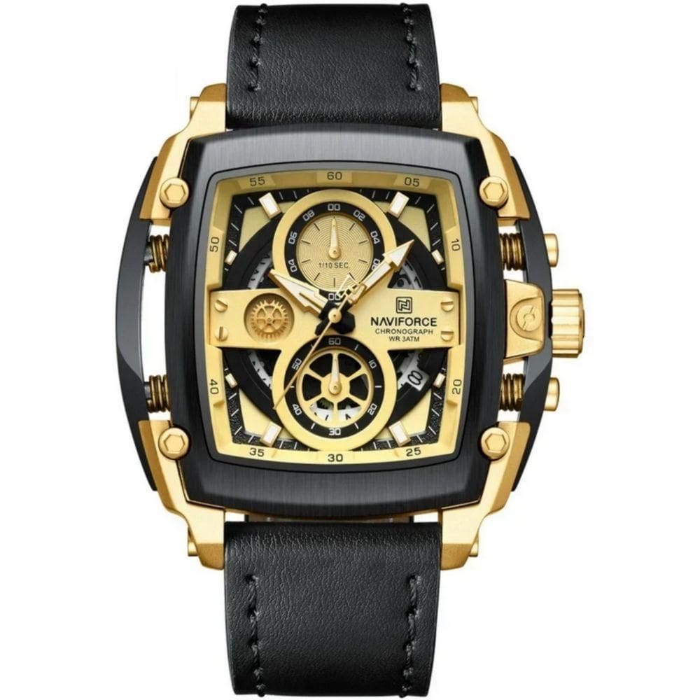 Relógio Masculino Mostrador Grande Design Tonneau à Prova D `água Preto Dourado
