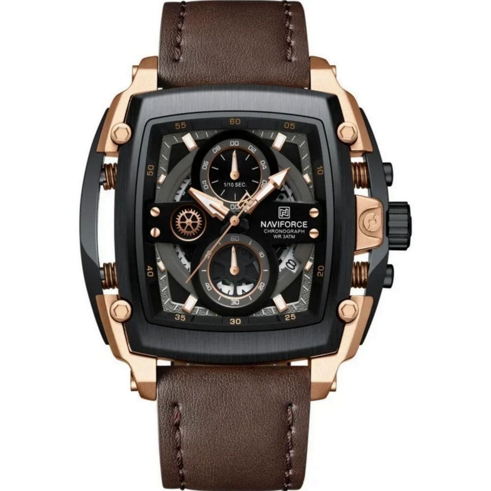Relógio Masculino Mostrador Grande Design Tonneau à Prova D `água Marrom Dourado