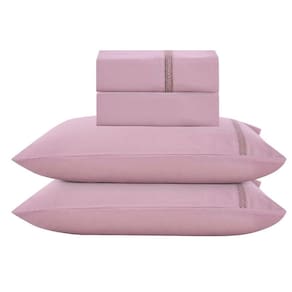 Jogo De Lençol Anahi Queen 4 Peças Micropercal 300 Fios Detalhe Minimal Ponto Palito - Malva