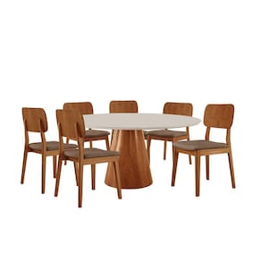 Conjunto Sala De Jantar Mesa Gênova 130cm Tampo Redondo Vidro-mdf Off White Com 6 Cadeiras Valença Courino Marrom