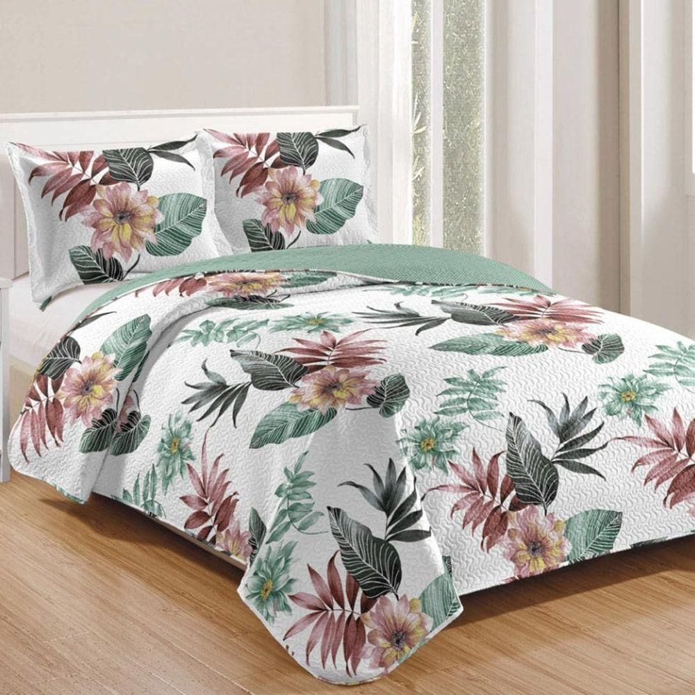 Kit Cobre Leito Colcha Daily Queen 3 Peças Dupla Face Estampado - Floral 31 - 100% Poliéster