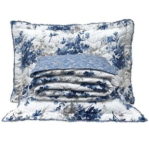 Kit Cobre Leito Colcha Lislie King 3 Peças Percal 300 Fios Dupla Face Estampado - Buque Azul - 100% Poliéster