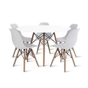 Conjunto De Mesa De Jantar Eames Eiffel Redonda 110cm Tampo De Madeira Branco Com 5 Cadeiras Brancas