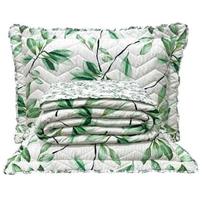 Kit Cobre Leito Colcha Lislie Queen 3 Peças Percal 300 Fios Dupla Face Estampado - Floral Verde - 100% Poliéster