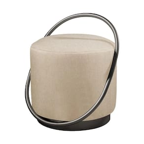 Puff Redondo Lunar Em Linho E Base Metal Preto Linho Bege Claro