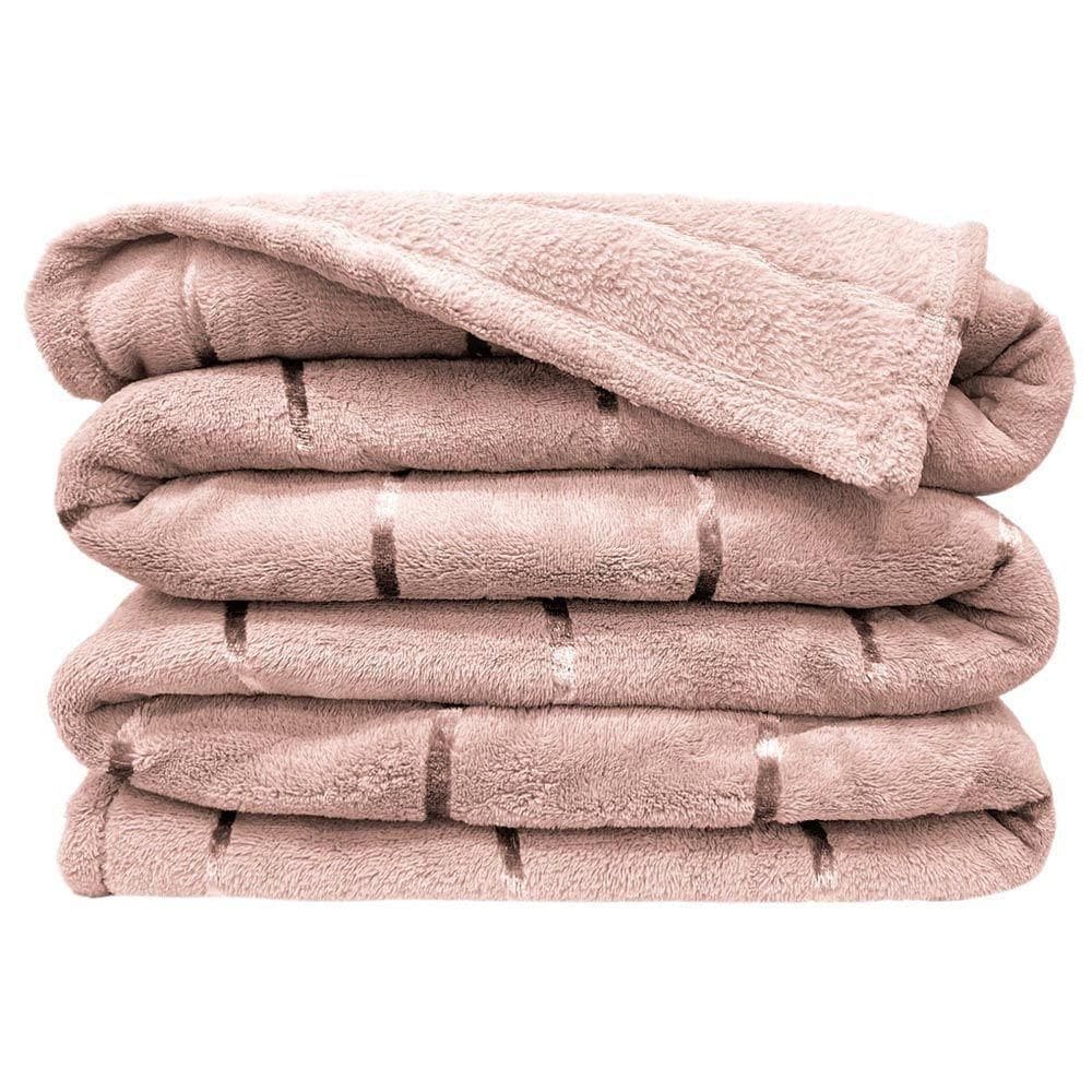 Cobertor Manta Fluffy Casal Queen 2,40m X 2,20m Listras Super Macio - Rosa