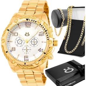 Relogio Dourado Masculino + Cordao Grumet Casual Pesado Qualidade Premium Aço Inoxidavel Presente