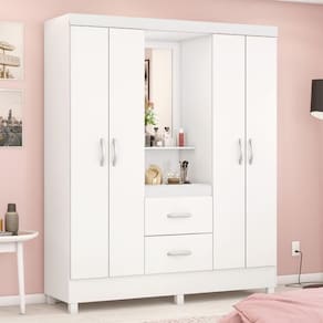 Guarda Roupa Solteiro 4 Portas Com Espelho E 2 Gavetas Loanda Branco-rosa-branco Branco
