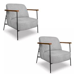Kit 2 Poltronas Decorativa Eros Linho Bouclê Com Base De Ferro Preto SSX Multicoisas Cinza Claro