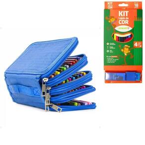 Kit Estojo Escolar Com 4 Compartimentos Mais Kit Lápis De Cor Estojo Com 18 Peças Azul