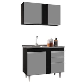 Armário Aéreo Indiana E Balcão Gabinete 100cm Com Pia Inox Luziania Preto/cinza- Lumil