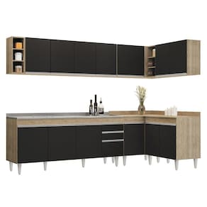 Armário De Cozinha Modulado De Canto 7 Peças Cp36 Com Pia Inox Castanho-preto - Lumil