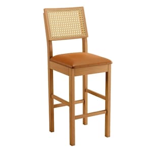 Banqueta Jade 03 Madeira Maciça Jcm Encosto Rattan E Couro Caramelo