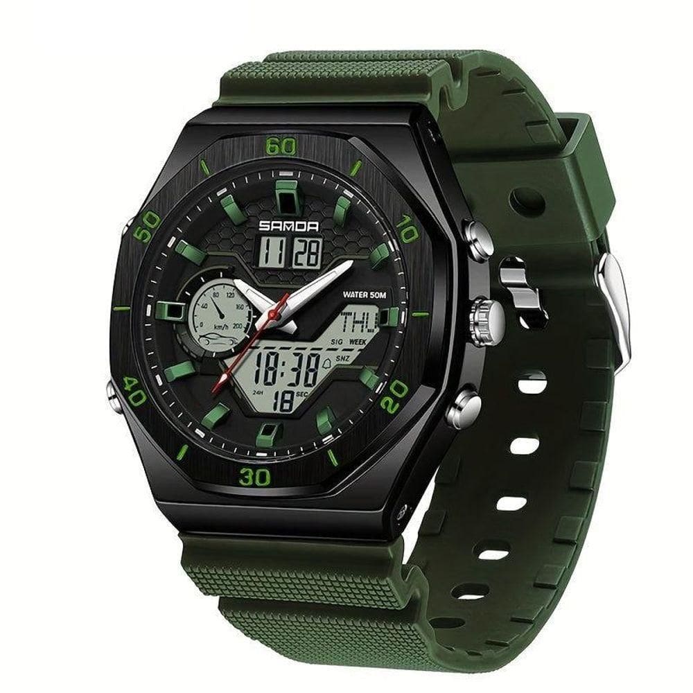 Relógio Esportivo Com Dupla Exibição, Cronômetro & Alarme, à Prova D`água 5atm Exército Verde