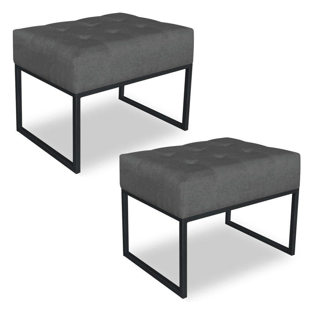 Kit 02 Puffs Lisa Suede Grafite Base Metálica Industrial Preto - Pallazio