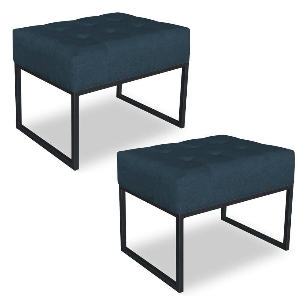 Kit 02 Puffs Lisa Suede Base Metálica Industrial Preto - Pallazio Cor Azul Marinho