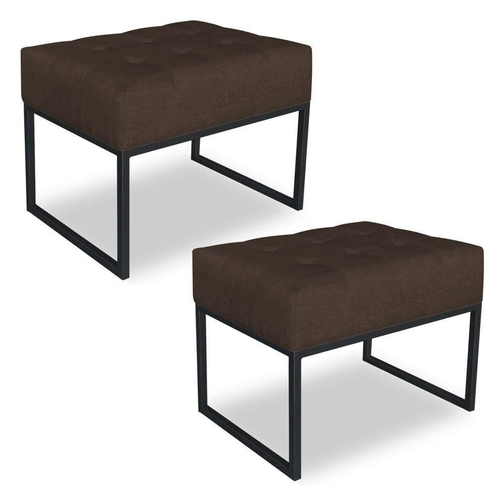 Kit 02 Puffs Lisa Suede Base Metálica Industrial Preto - Pallazio Cor Marrom