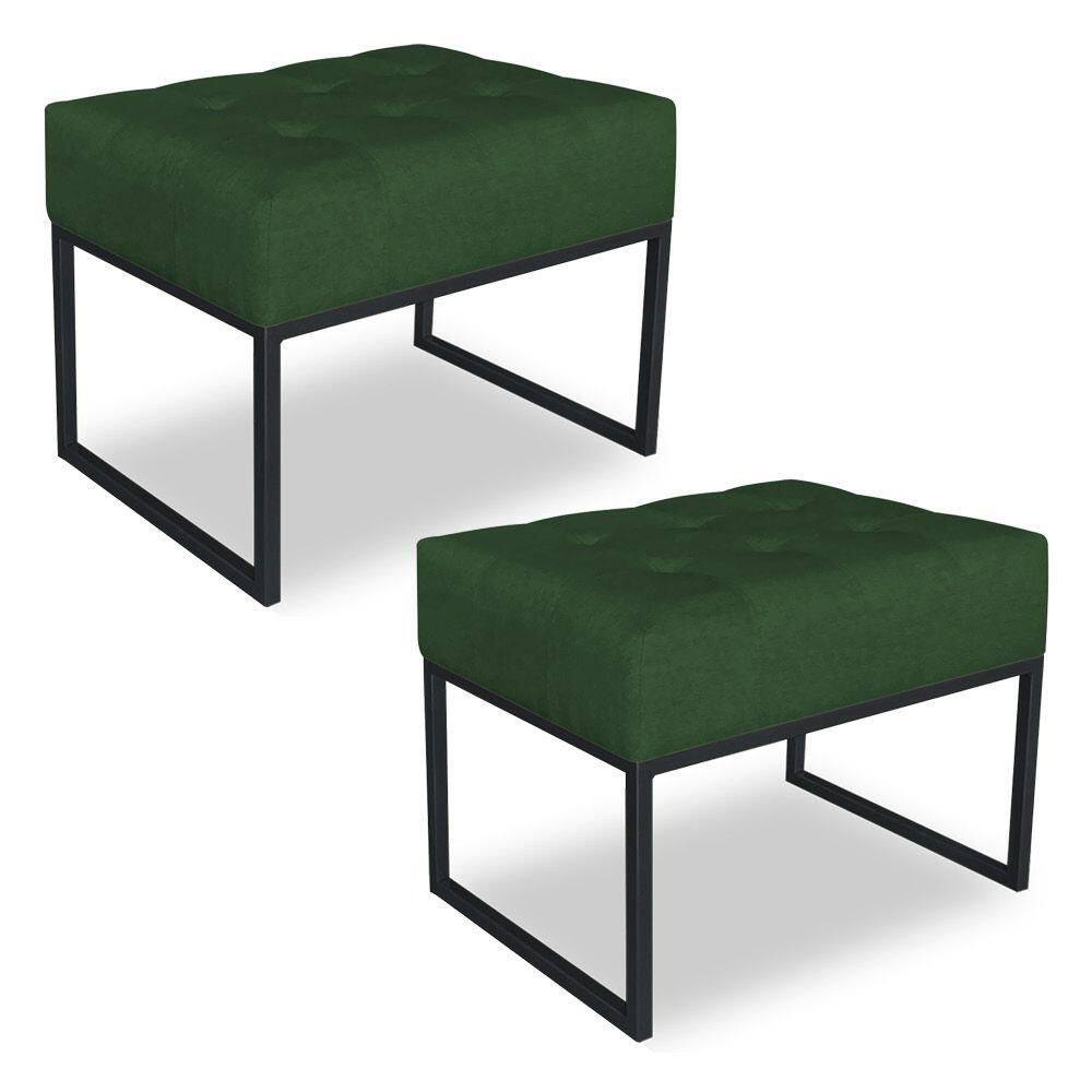 Kit 02 Puffs Lisa Suede Verde Base Metálica Industrial Preto - Pallazio