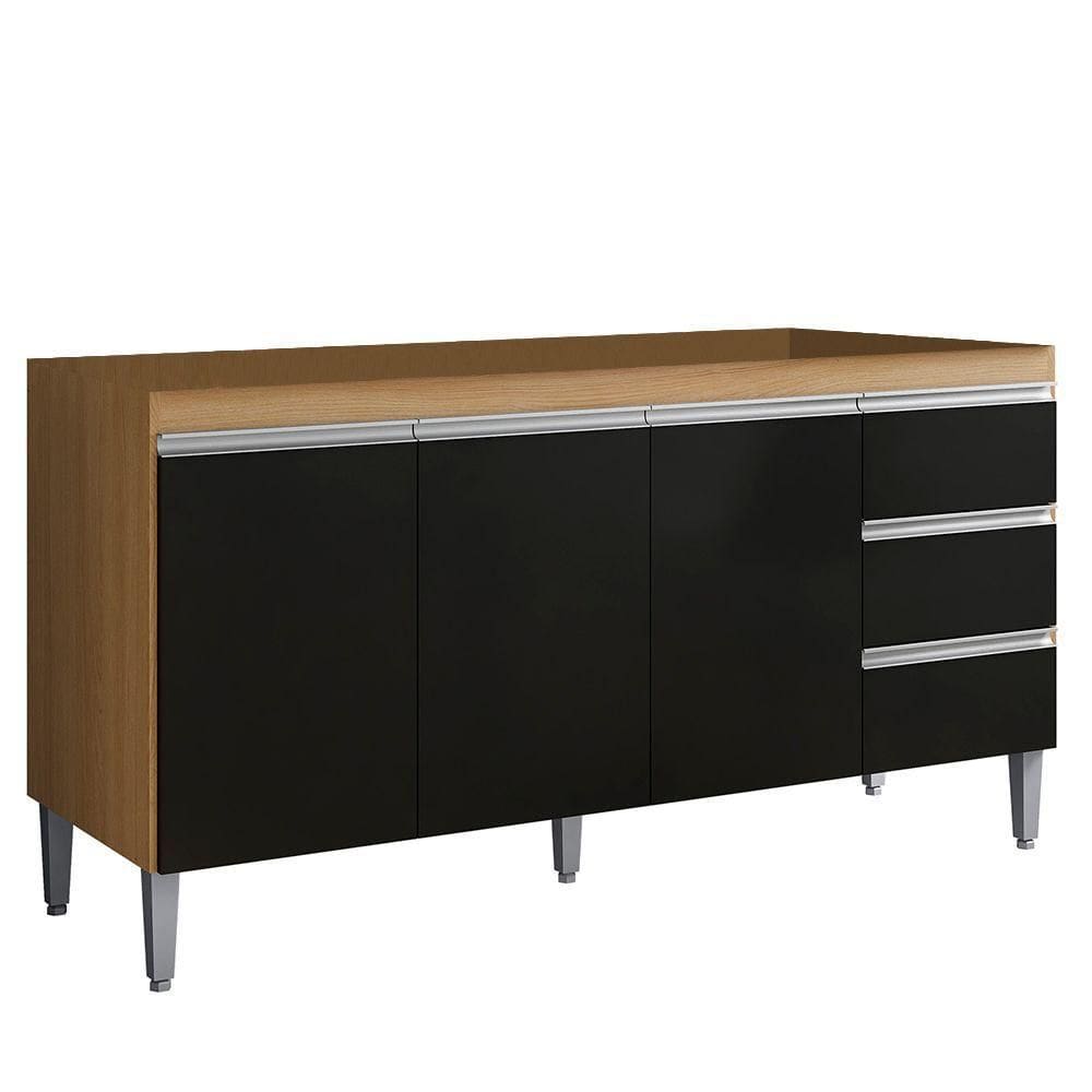 Balcão De Cozinha Para Pia 160cm 3 Gavetas Andréia Amêndoa/preto - Ajl Móveis