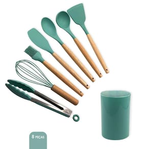 Conjunto De Utensílios De Cozinha Em Silicone, 8 Peças, Verde Escuro Prático E Durável