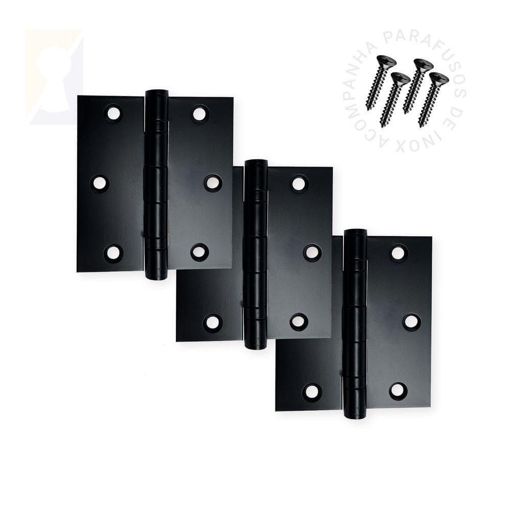 Kit 3 Dobradiças Pretas C-reto Inox Com Rolamento 3 X 2 ½