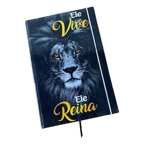 Caderno Sketchbook Grande Capa Religião Leão Ele Vive Ouro 21x14cm Miolo Com Pauta Para Escrever