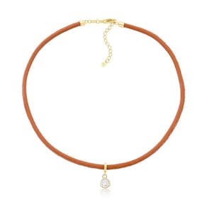 Colar De Couro Natural Caramelo Com Ponto De Luz Revestido Em Ouro