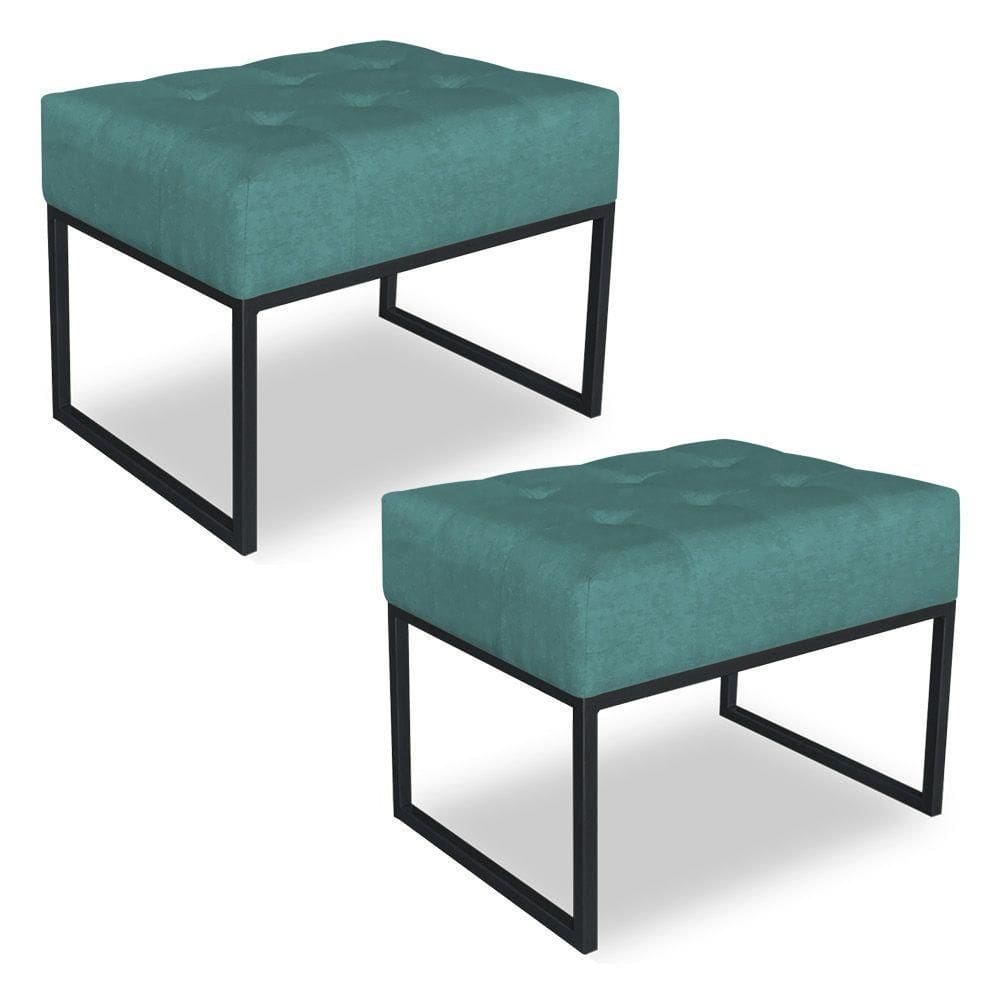 Kit 02 Puffs Lisa Suede Azul Turquesa Base Metálica Industrial Preto - Pallazio