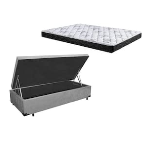 Cama Box Báu Solteiro Colchão Espuma D33 Bordado + Box Suede Cinza 53x78x188