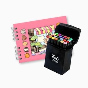 Kit 24 Canetas Marcadoras Ponta Dupla + Livro de Colorir Capa Dura Rosa