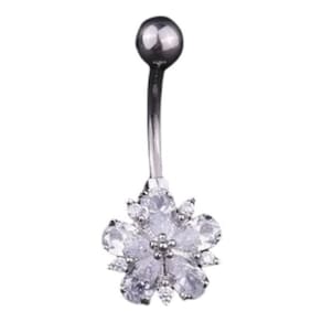 Piercing De Umbigo Prata Flor Zirconia Pequeno Aço 316