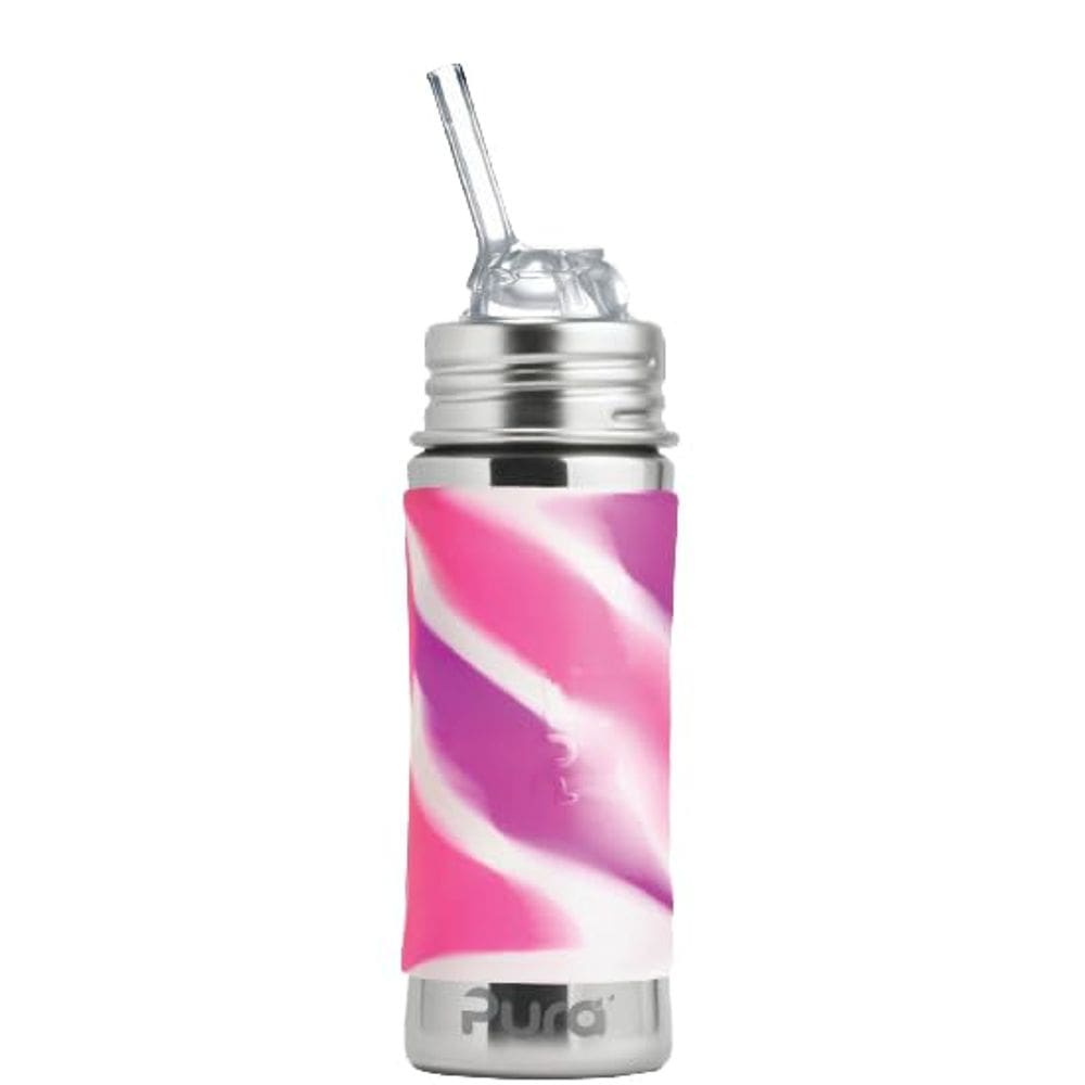 Garrafa de palha Pura Kiki em aço inoxidável 325 mL com manga rosa