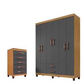 Guarda Roupa De Casal 6 Portas e 2 Gavetas Sem Espelho Com Cômoda Sapateira 5 Gavetas Carvalho Americano - Grafite - ÉdeCasaMóveis
